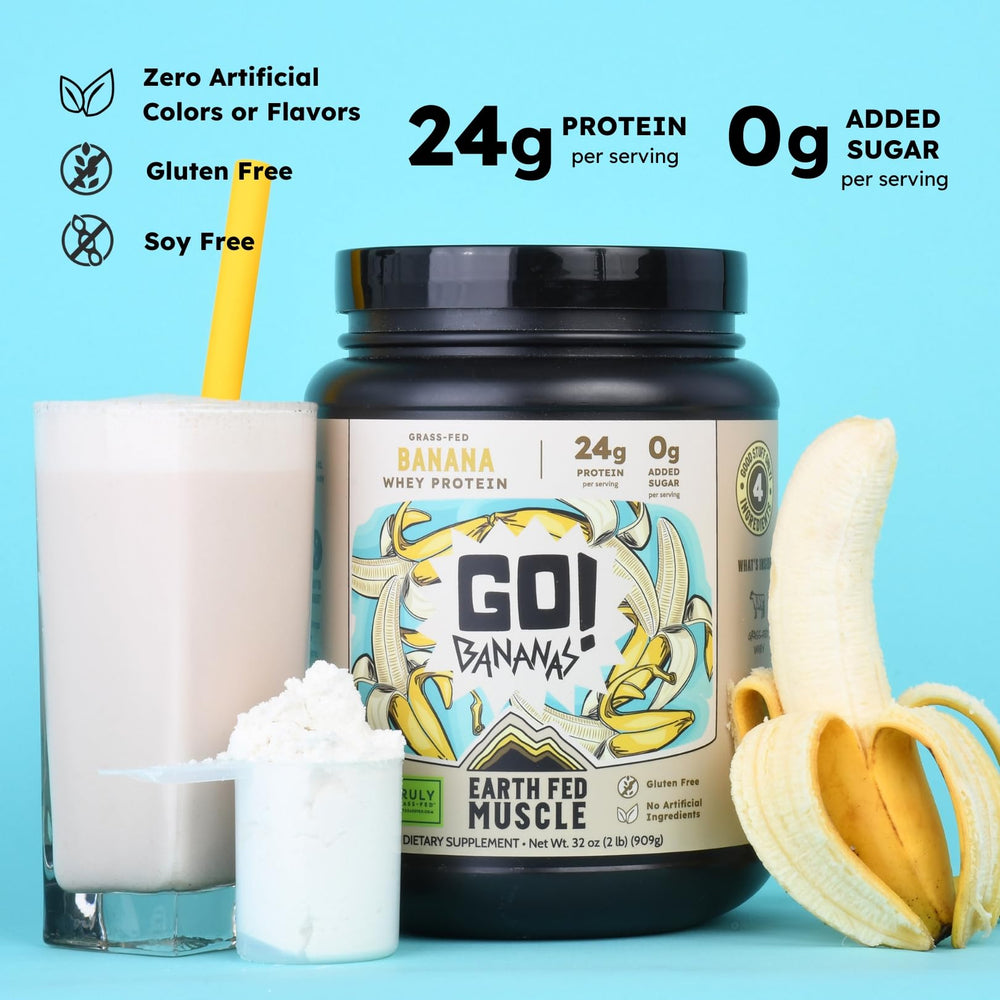 Earth Fed Muscle Go! Bananas powder beside oats for a nutritious breakfast boost.