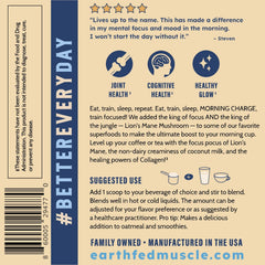 Earth Fed Muscle Morning Charge packaging front showcases organic ingredients and eco-friendly design.