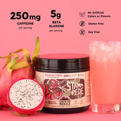 Earth Fed Muscle Stammpede Dragon Fruit Punch powder dispensing for quick mix.