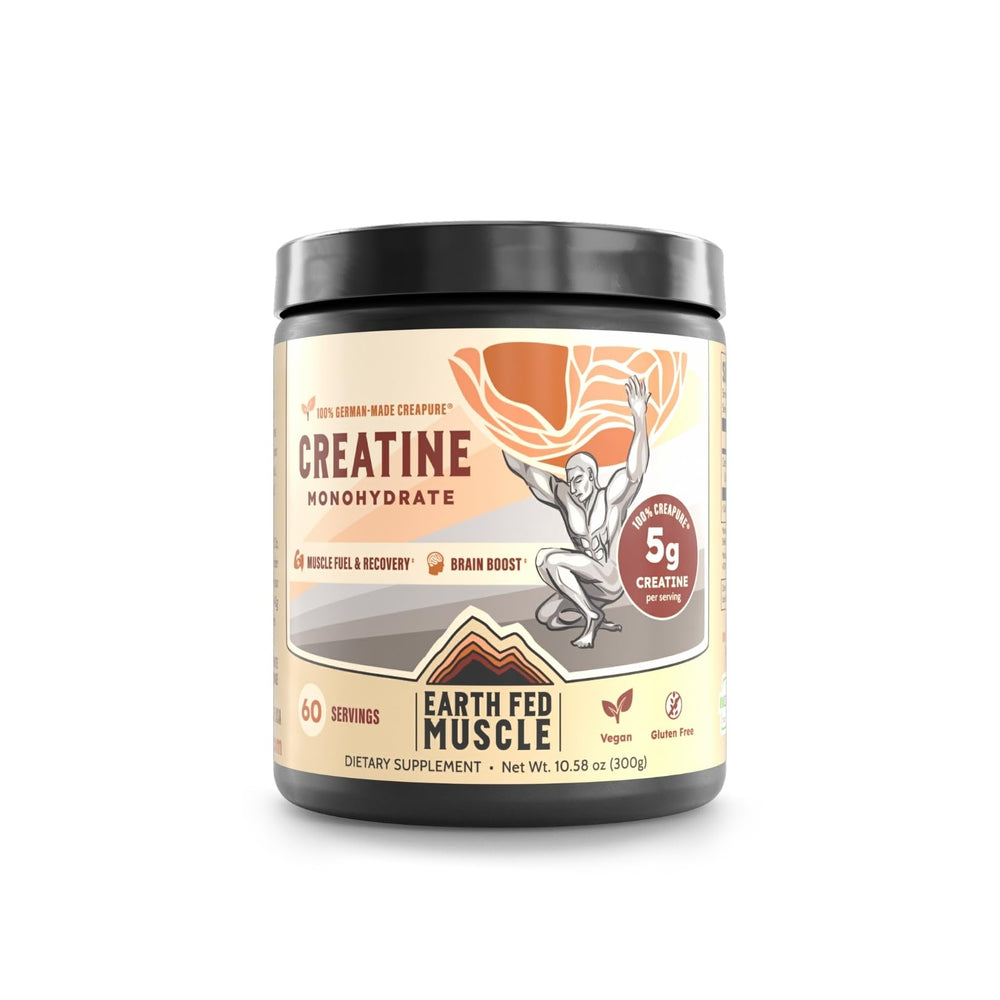 Earth Fed Muscle Transcend creatine powder bottle shows German Creapure purity for reliable workouts