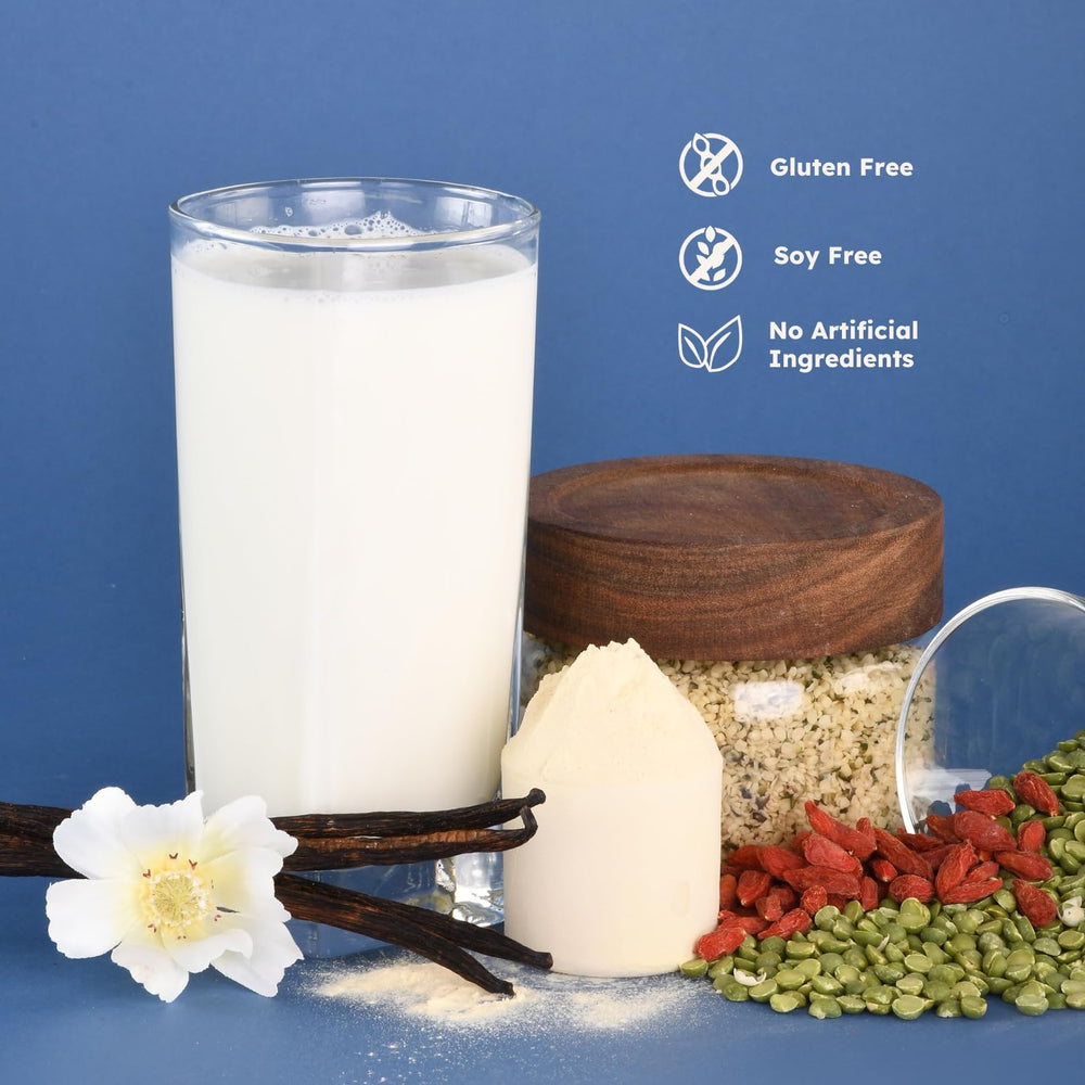 Earth Fed Muscle Vanilla protein powder open bag on kitchen counter
