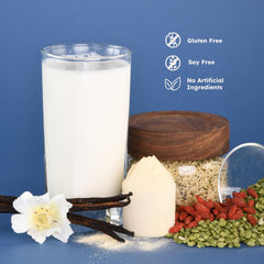 Earth Fed Muscle Vanilla protein powder open bag on kitchen counter
