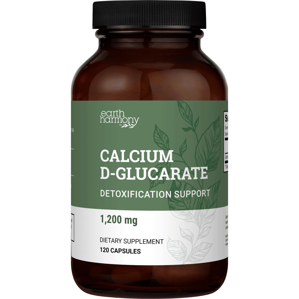 Earth Harmony Calcium D-Glucarate 1200mg bottle on a counter, signaling detox support.