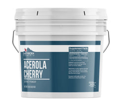 Earthborn Elements Acerola Cherry Powder in a resealable bucket for fresh storage and convenient use.
