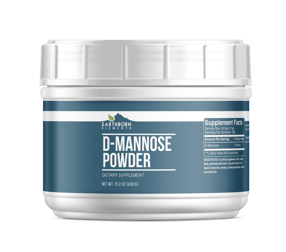Earthborn Elements D-Mannose powder container shows a pure non-GMO formula for daily use.