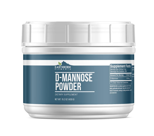 Earthborn Elements D-Mannose powder container shows a pure non-GMO formula for daily use.