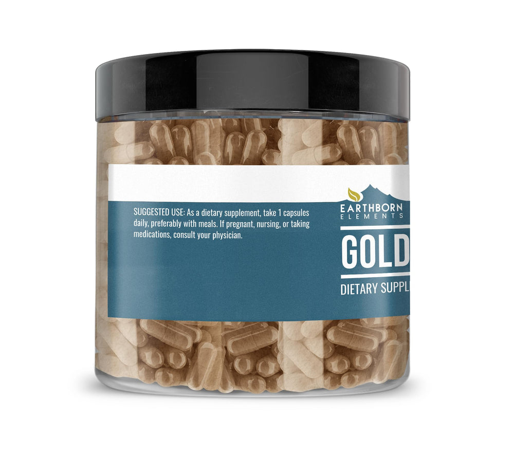 Earthborn Elements Golden Thread label highlights a pure, additive-free formula.