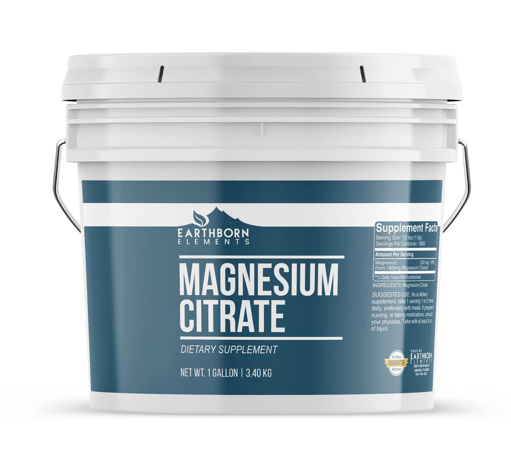 Earthborn Elements magnesium citrate bucket with resealable lid for easy storage.