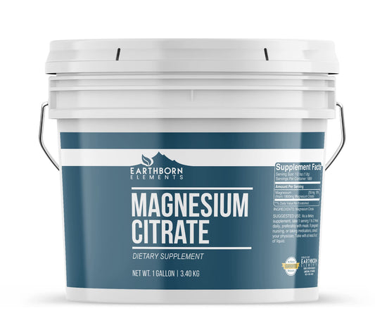 Earthborn Elements magnesium citrate bucket with resealable lid for easy storage.