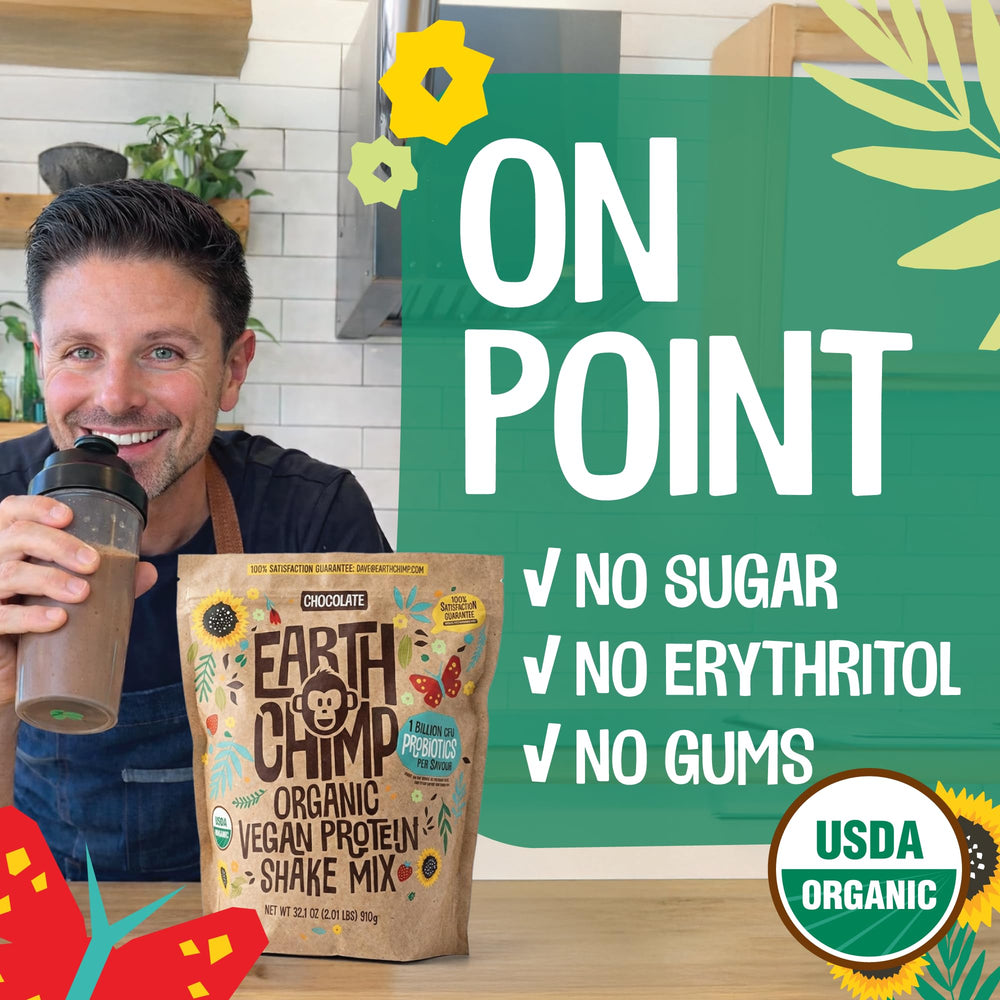 Dairy-free and gluten-free EarthChimp protein option in a clean canister