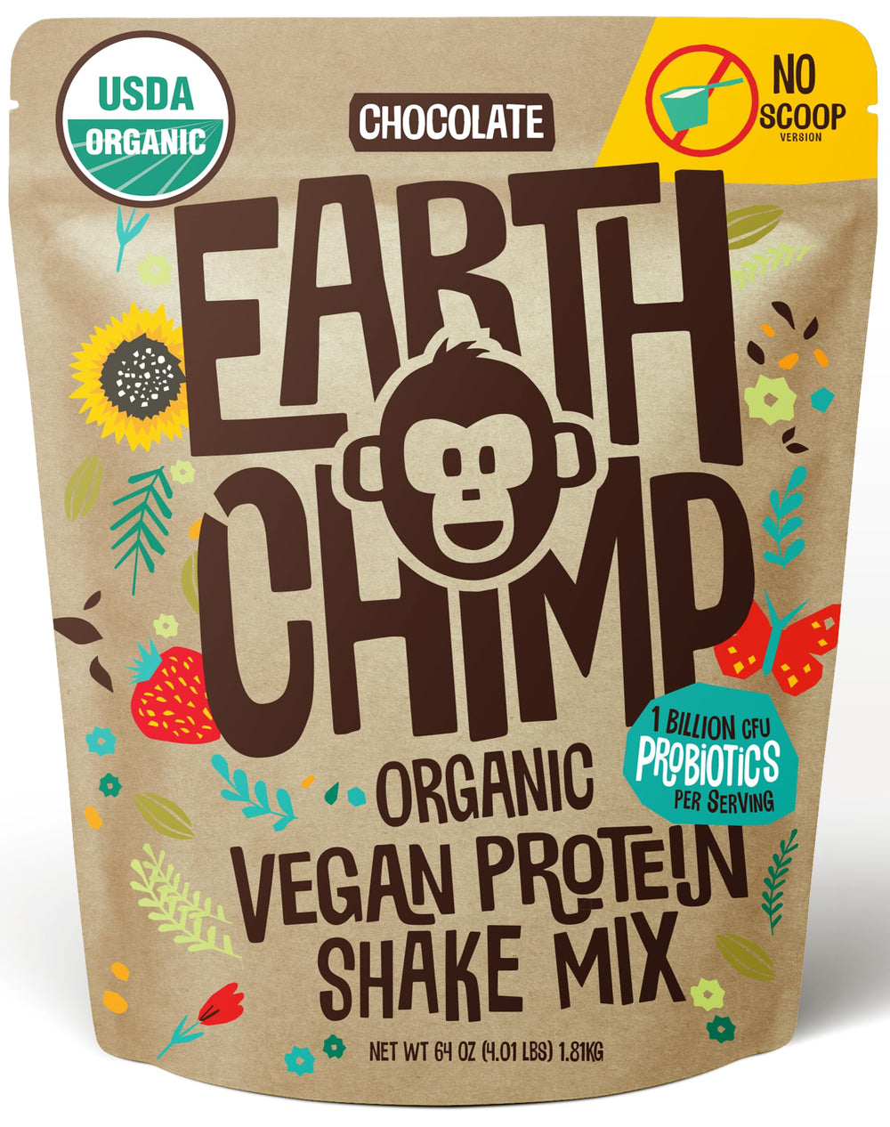 EarthChimp organic vegan protein chocolate 64 oz bottle for creamy shakes.