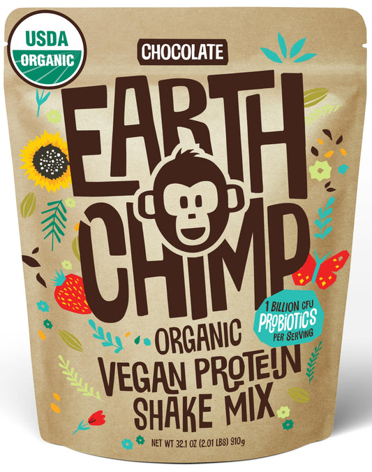 EarthChimp Organic Vegan Protein Powder Chocolate jar for protein-packed shakes