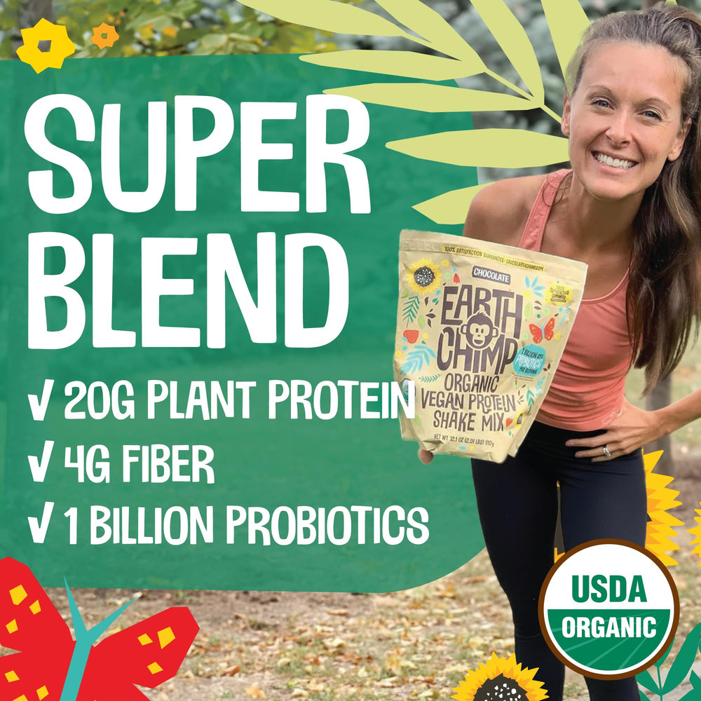 Probiotics label on EarthChimp protein powder emphasizing gut support
