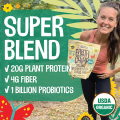 Probiotics label on EarthChimp protein powder emphasizing gut support