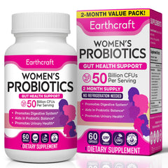Earthcraft Probiotics for Women bottle shows 50B CFU and 10 strains for gut health.