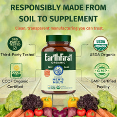 EarthFirst Organic Men's Multi packaging illustrating immune-support nutrients in focus.