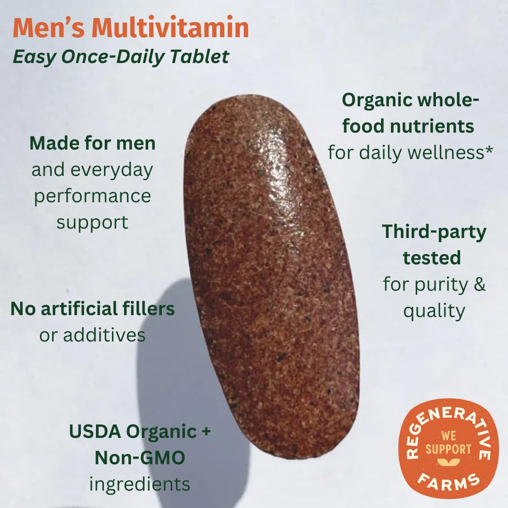 EarthFirst Organic Men's Multi ingredients panel shows nutrient-dense support for vitality.