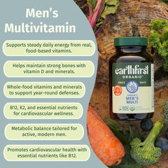 EarthFirst Organic Men's Multi vegan label signals plant-based nutrition for daily vitality.