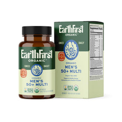 EarthFirst Organic Once Daily Multivitamin for Men 50+ bottle front with clean label supporting healthy aging