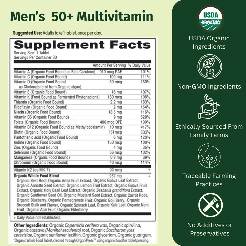 EarthFirst Organic bottle label highlighting 19 vitamins for energy and bone support