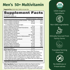 EarthFirst Organic bottle label highlighting 19 vitamins for energy and bone support