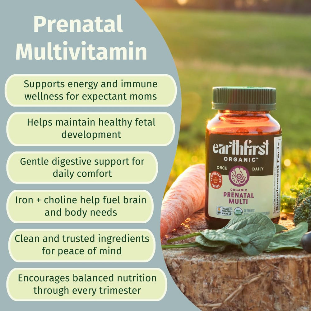 Overlay of real whole-food ingredients in EarthFirst Organic Prenatal formula.