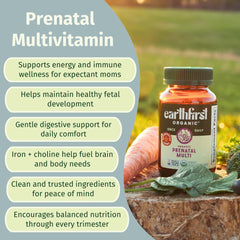 Overlay of real whole-food ingredients in EarthFirst Organic Prenatal formula.