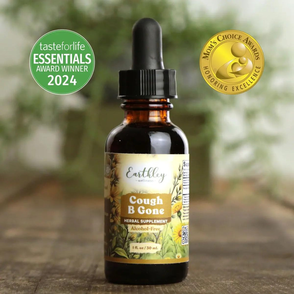 Earthley Wellness Cough-B-Gone alcohol-free tincture shown for safe family use.