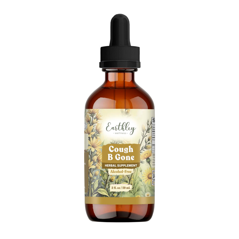 Earthley Wellness Cough-B-Gone bottle label highlights organic herbs for gentle cough relief.