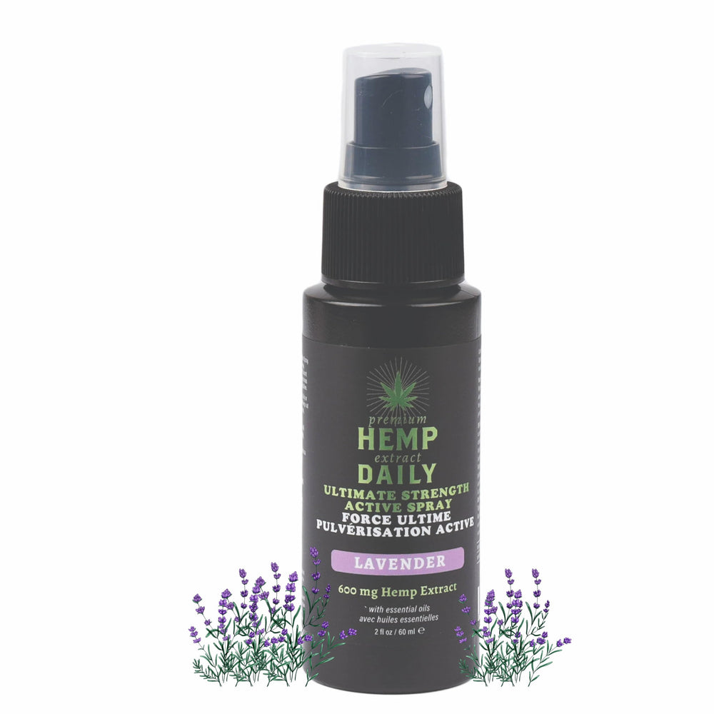 Earthly Body Hemp Daily Ultimate Strength Active Spray bottle shows compact design for quick use