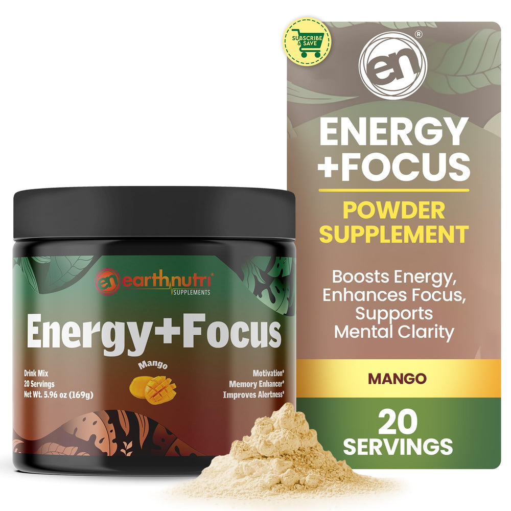 EarthNutri Energy + Focus powder bottle ready for daily use, promoting alertness and steady focus.