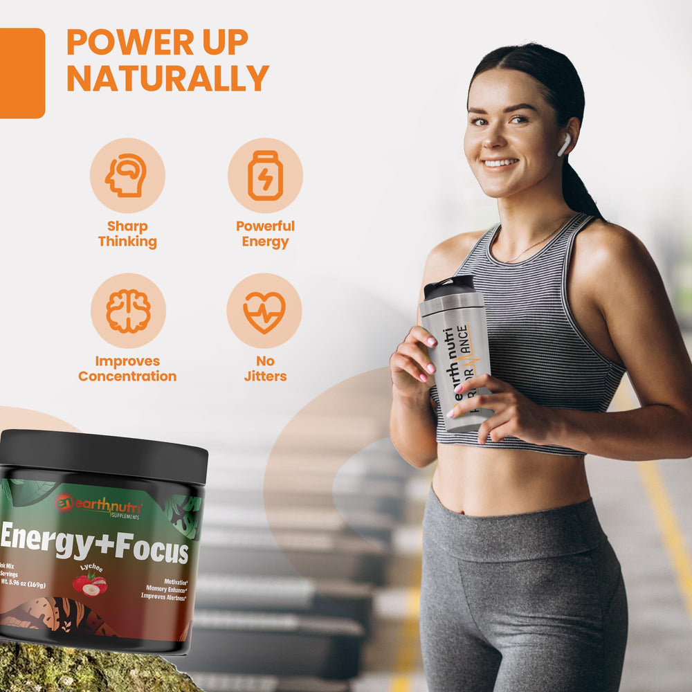 EarthNutri Energy + Focus in a glass with lychee drink for steady focus