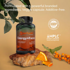 EarthNutri Energy + Focus mango glass showing a refreshing mango-flavored drink boost.