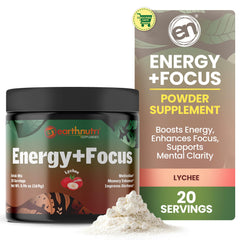 EarthNutri Energy + Focus scoop in water delivering a lychee flavor energy boost