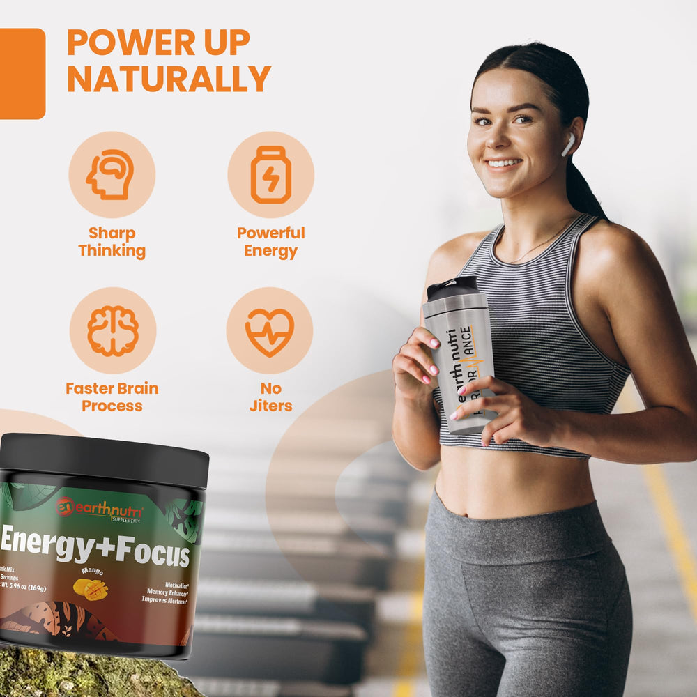 EarthNutri Energy + Focus powder scoop for quick, precise pre-workout mixing.