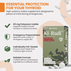 Close-up of EarthNutri KI-Radi tablets showing compact, easy-to-swallow iodine pills for daily readiness.