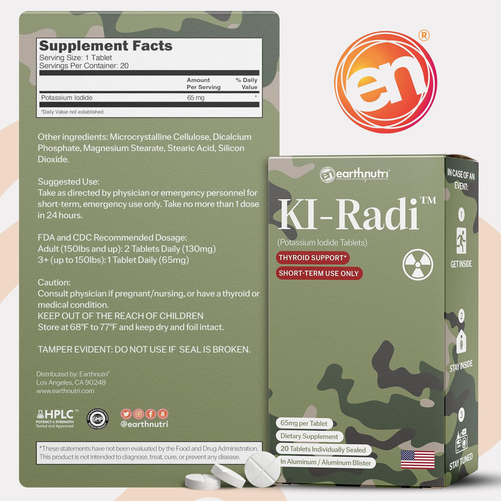 EarthNutri KI-Radi tablets shown with travel-friendly packaging for on-the-go iodine support.