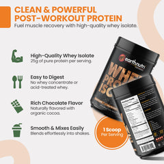 EarthNutri Whey Isolate chocolate powder being poured for quick mix.
