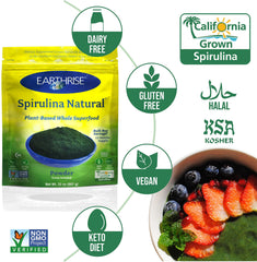 Earthrise Spirulina powder dissolving in water to create a nutritious green drink.