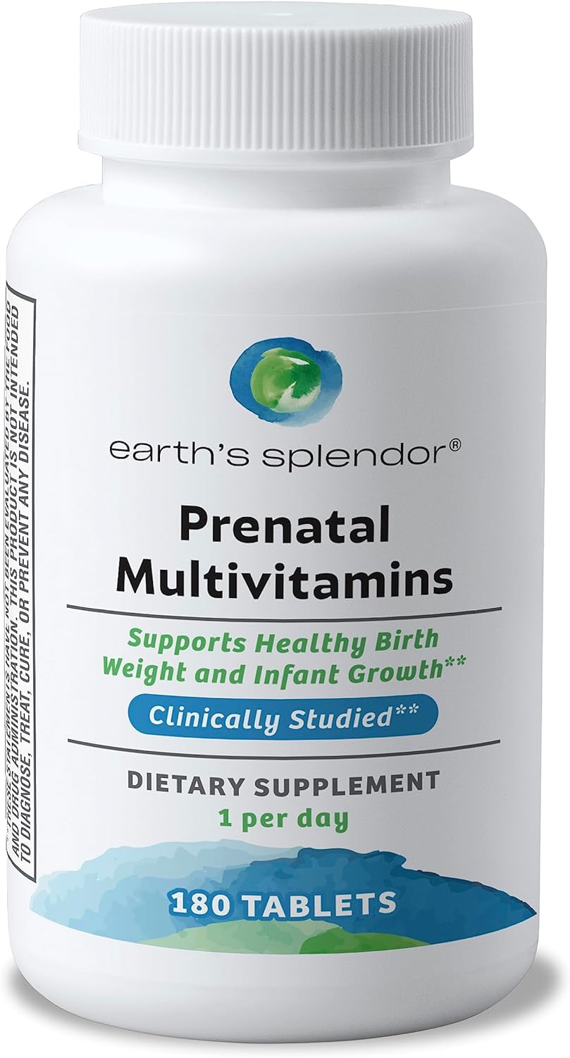 Earth's Splendor Prenatal Multivitamin bottle shows a trusted non-GMO formula for expectant moms.