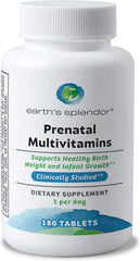 Earth's Splendor Prenatal Multivitamin bottle shows a trusted non-GMO formula for expectant moms.