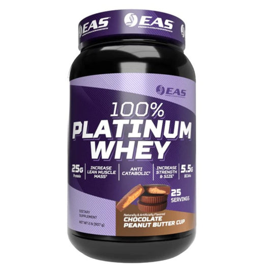 EAS 100% Platinum whey tub in chocolate peanut butter cup flavor for lean protein