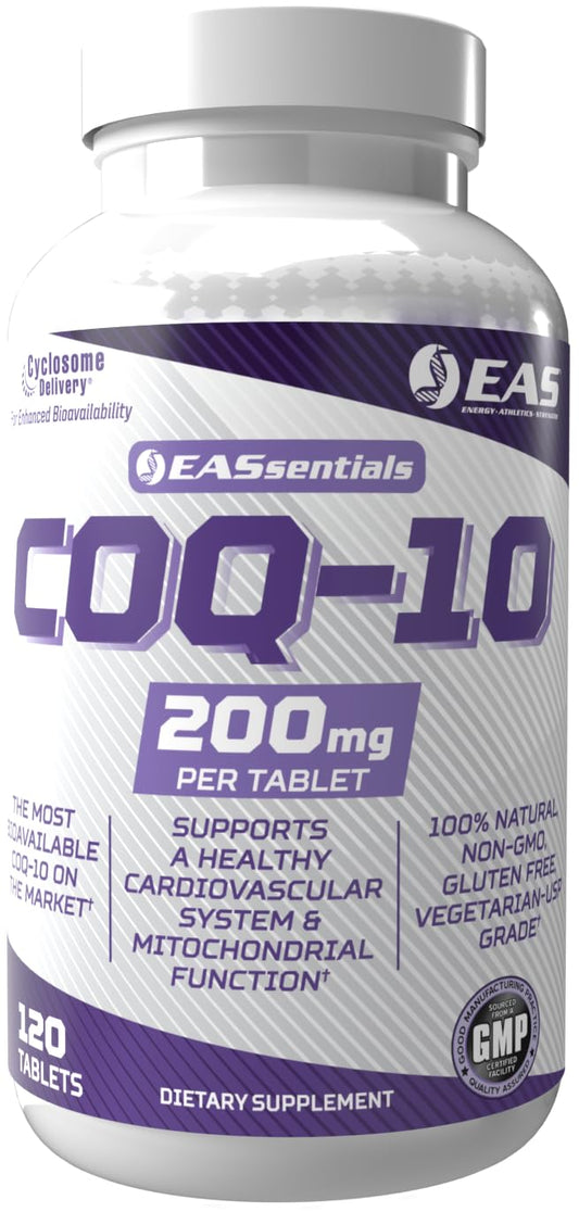 EAS COQ-10 200mg bottle front with clear branding for daily antioxidant support.