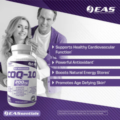 EAS COQ-10 label detail highlighting gluten-free and non-GMO attributes.
