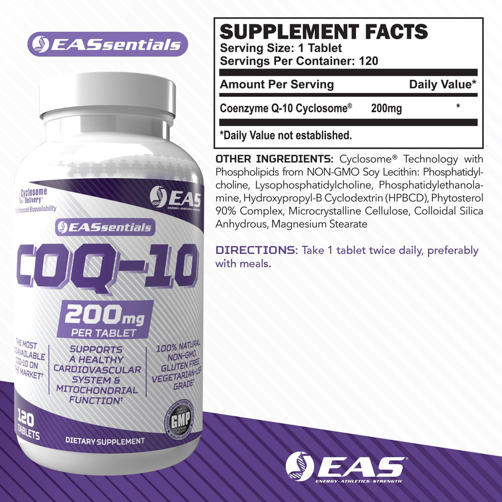 Close-up of COQ-10 200mg tablets for easy daily intake.