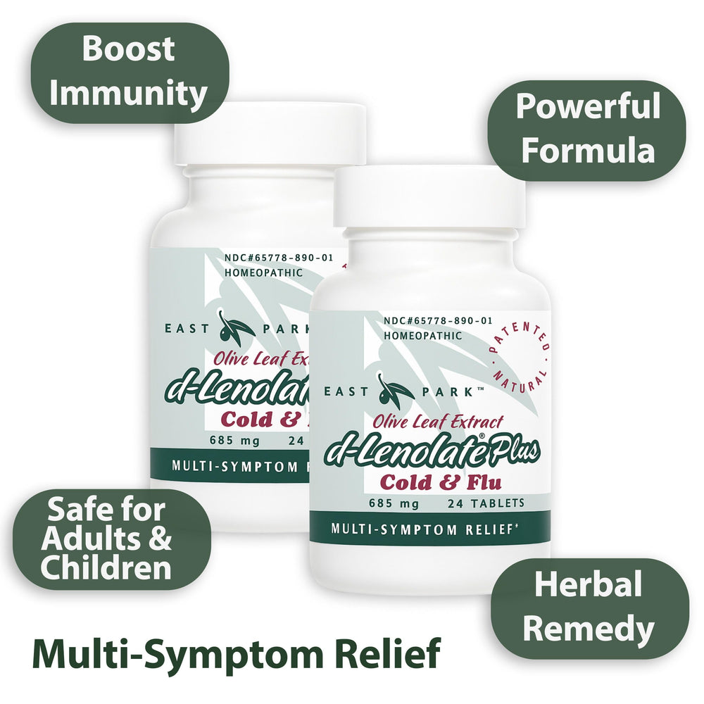 East Park D-Lenolate Plus packaging box showcases non-GMO, 2-pack convenience.
