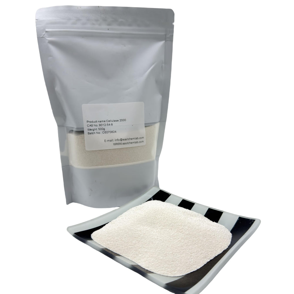 EastChem Cellulase 2000 powder appears as light yellow particles for fabric care.