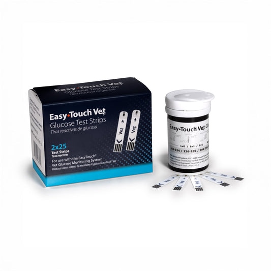 Easy Touch pet glucose test strips box front illustrate packaging for ongoing home monitoring.