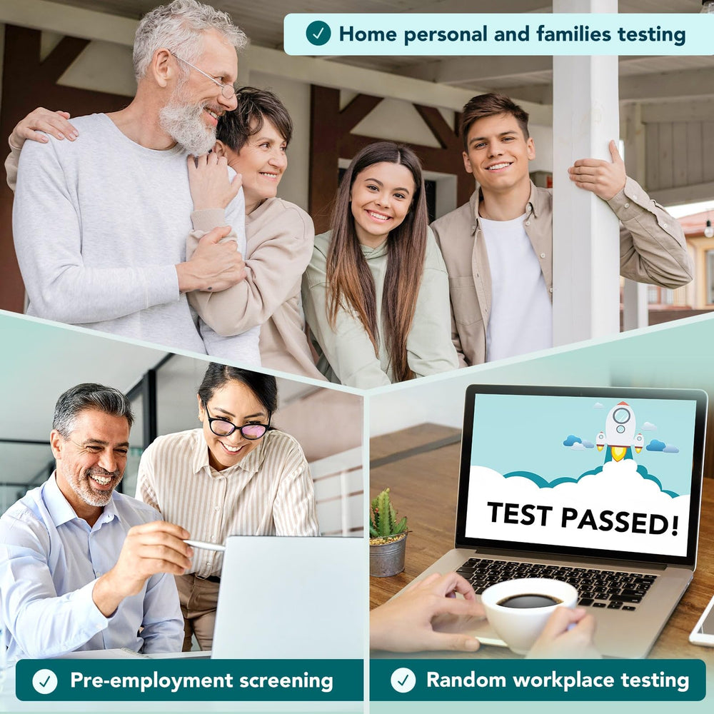 Home-use testing setup with Easy@Home kit on a kitchen counter.