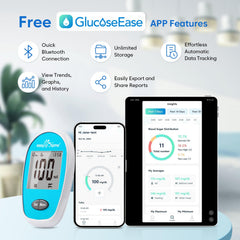 Easy@Home glucose meter with test strips and lancets ready for testing.